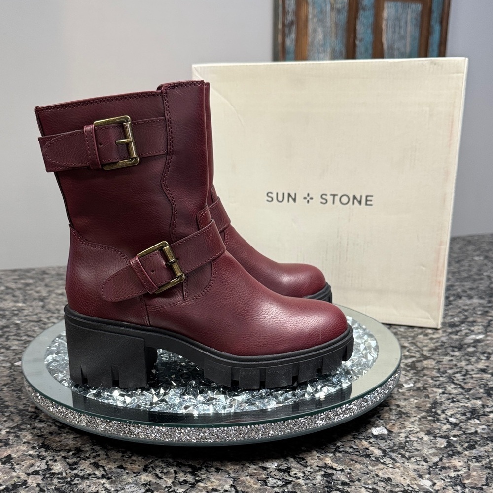 Sun + Stone Women's Burgundy Combat Boots NEW 5